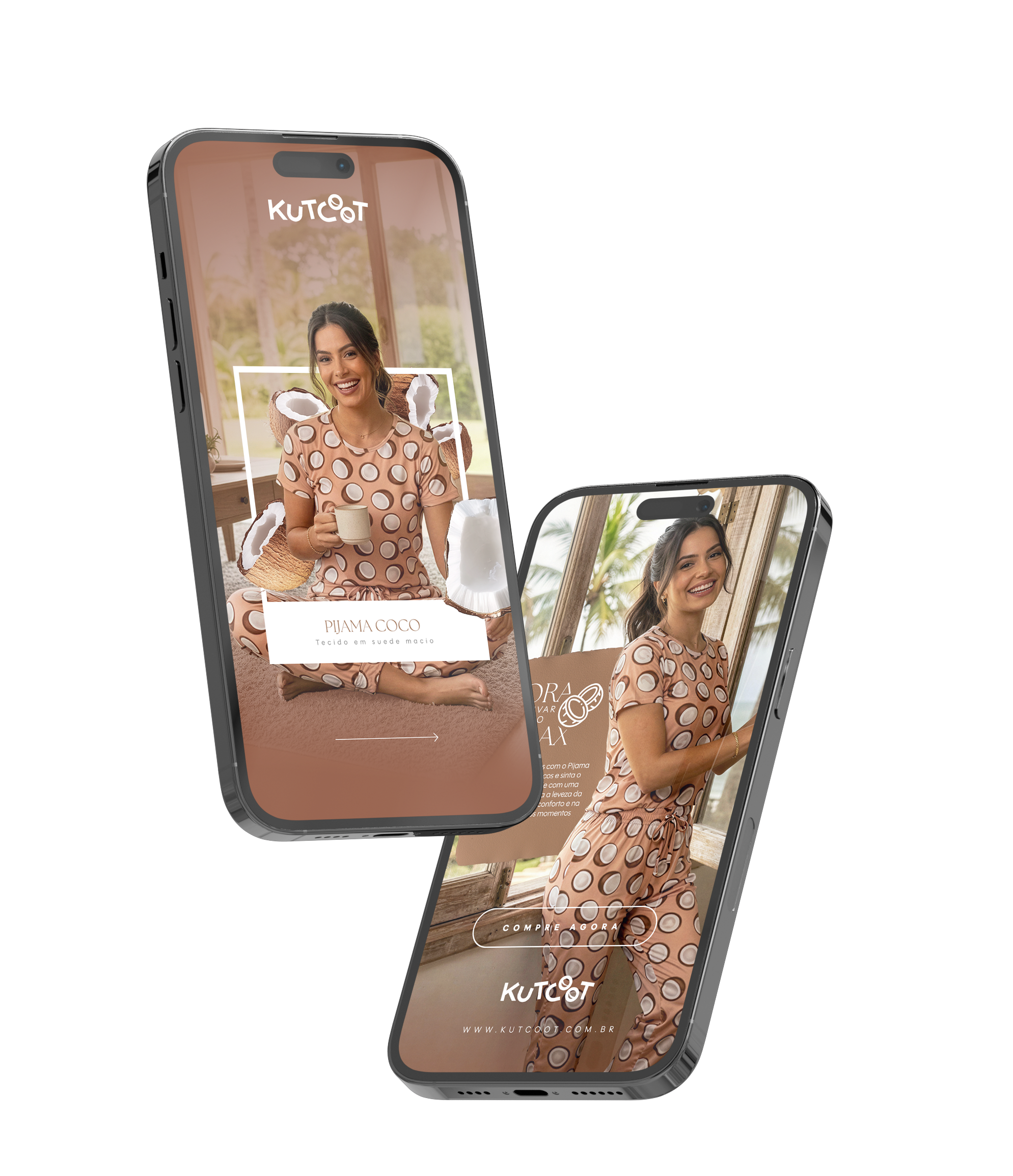 Anúncio Coleção Coco — dois iPhones com creatives da Kutcoot