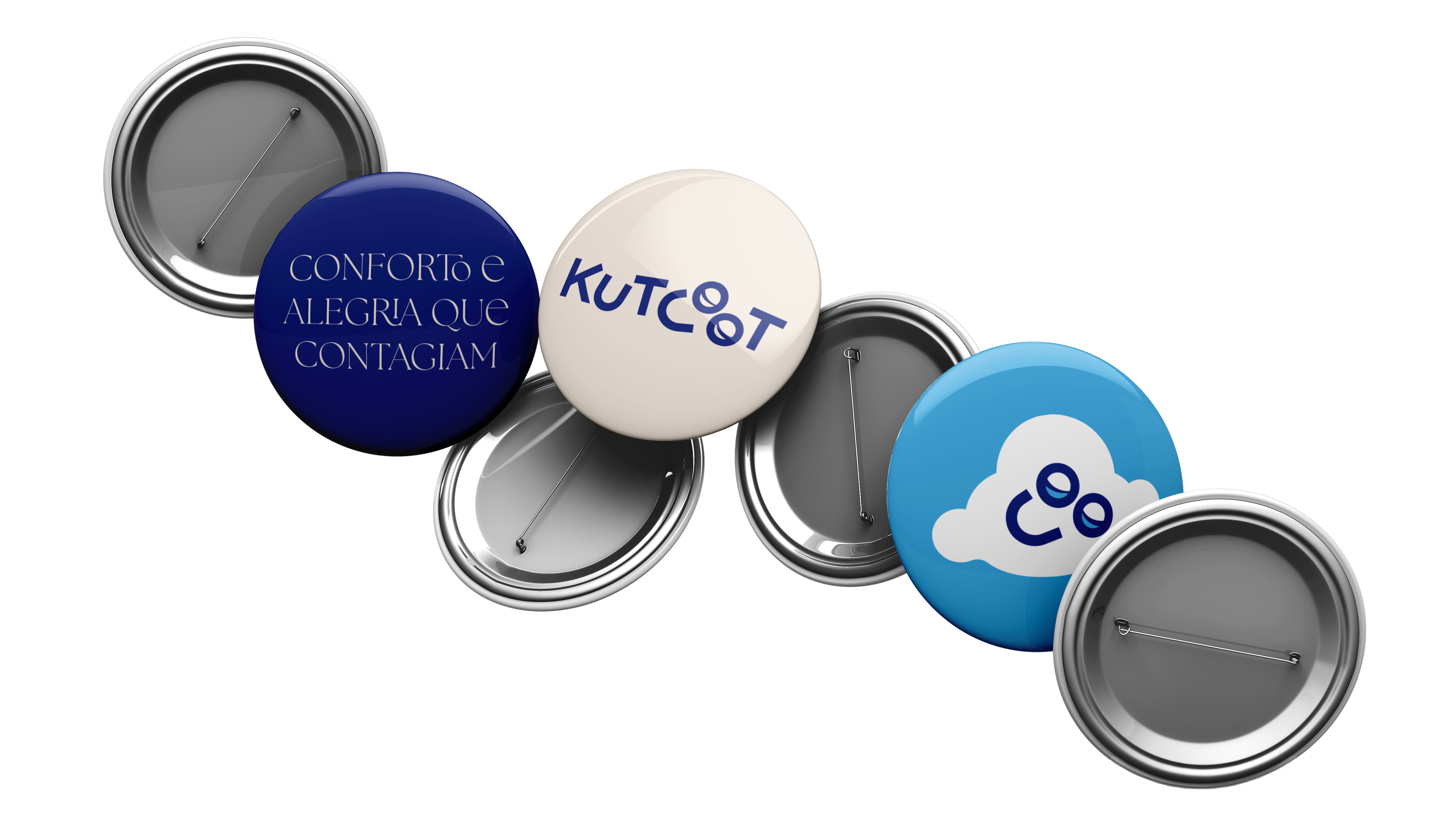 Botons Kutcoot em três versões: navy com frase, creme com wordmark, céu com nuvem