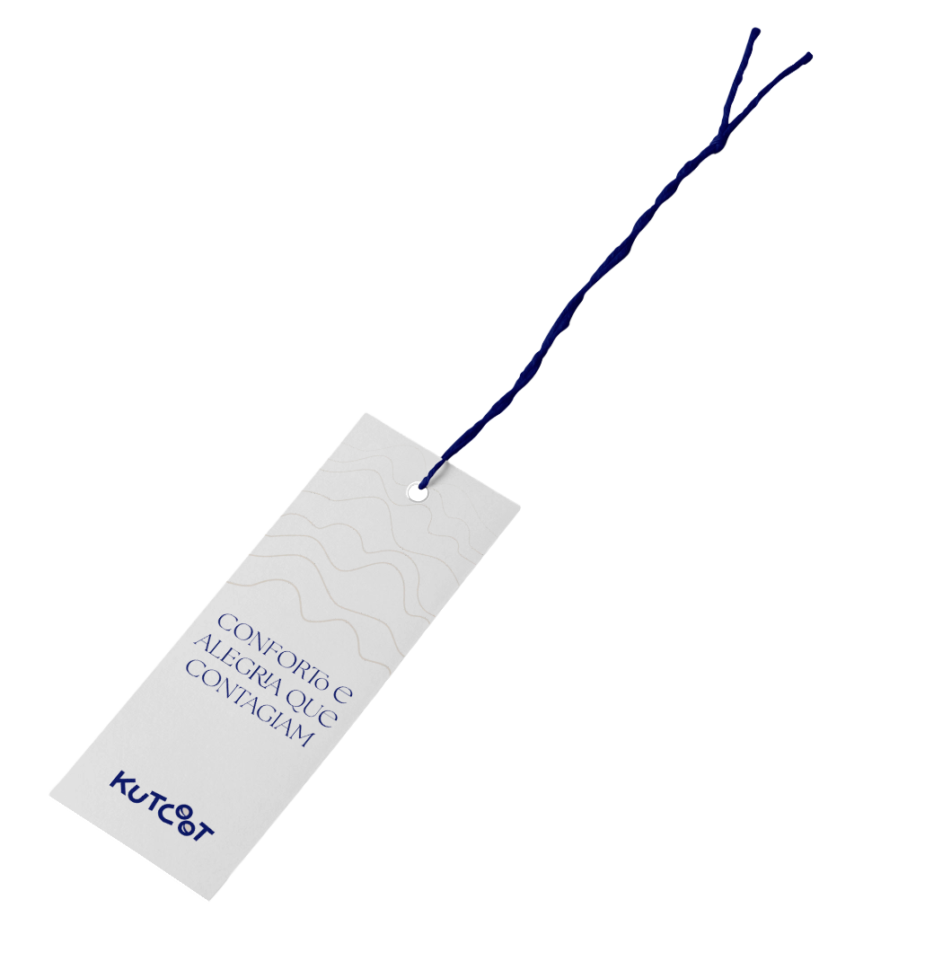 Tag de produto Kutcoot — papel creme com cordão navy