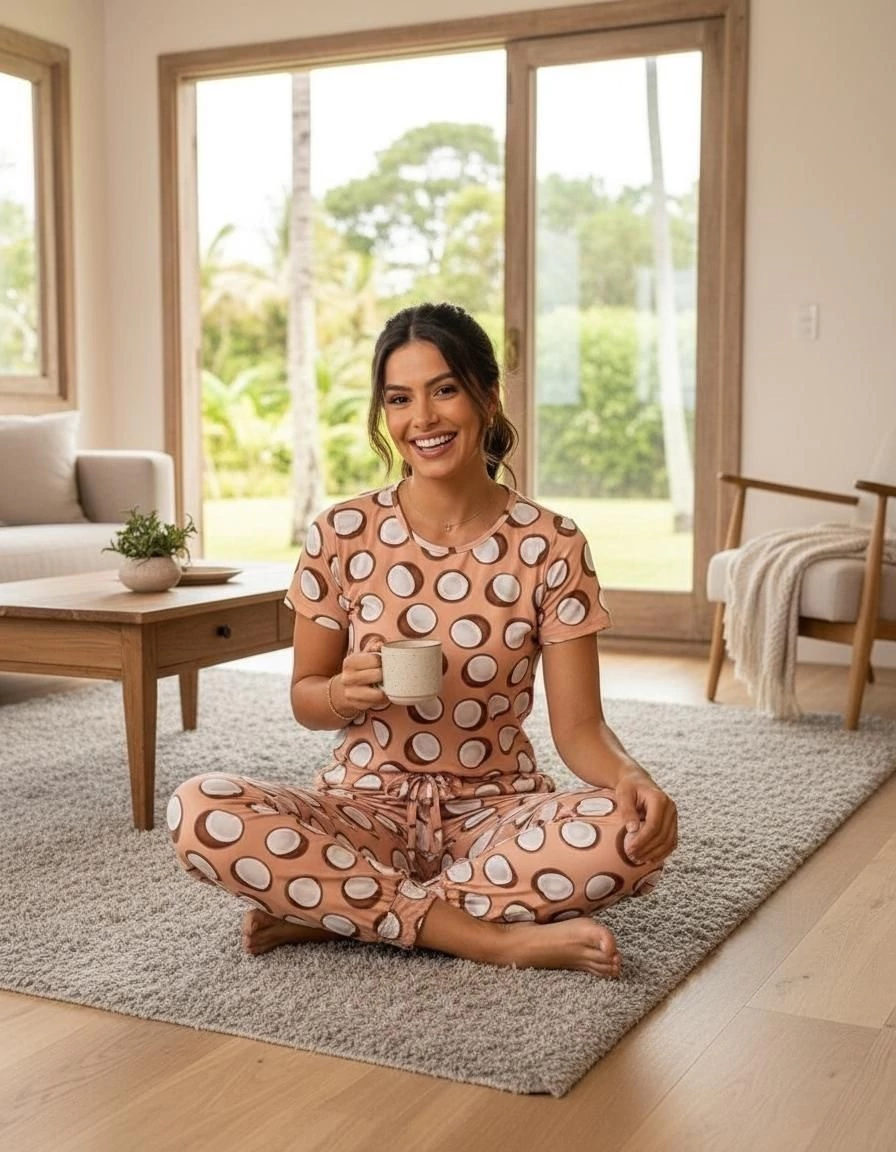 Modelo brasileira sentada no tapete com Pijama Coco e xícara de café